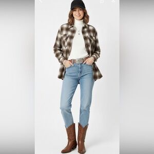 Brown & White Oversized Plaid Button Down Collared Shacket